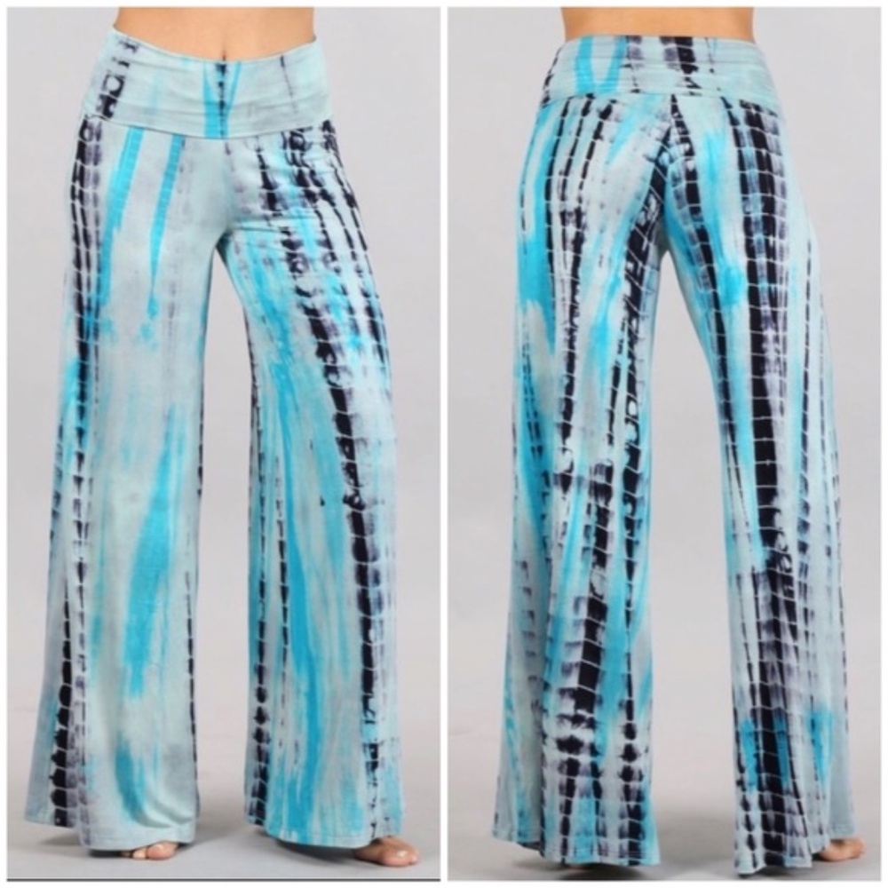 Aqua Blue Boho Tie Dye Foldover High Waist Wide Leg Palazzo Lounge Stretch Pants